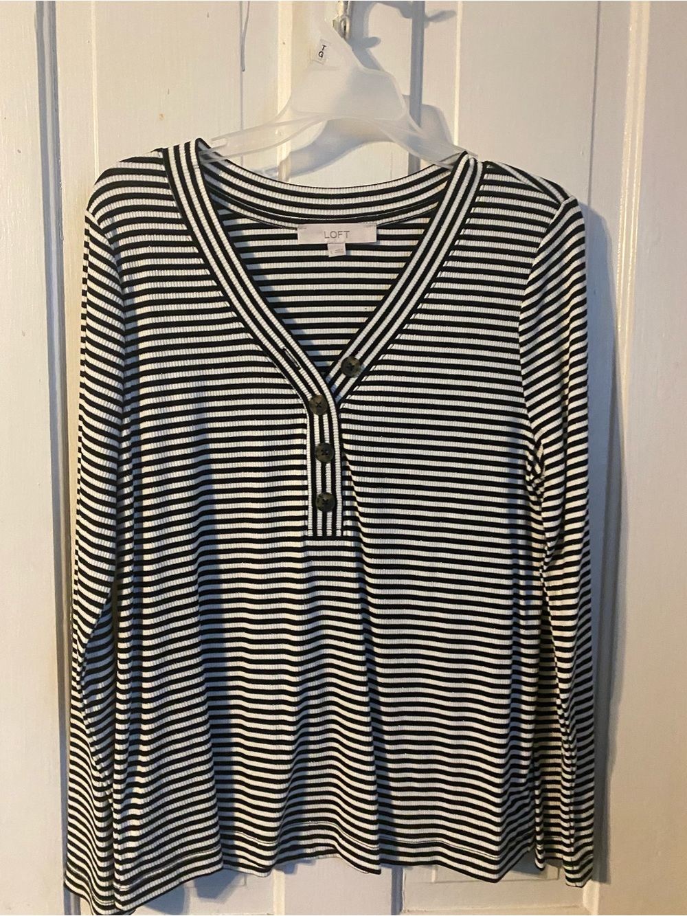 LOFT Black & White Striped V-Neck Henley Long Sleeve Top